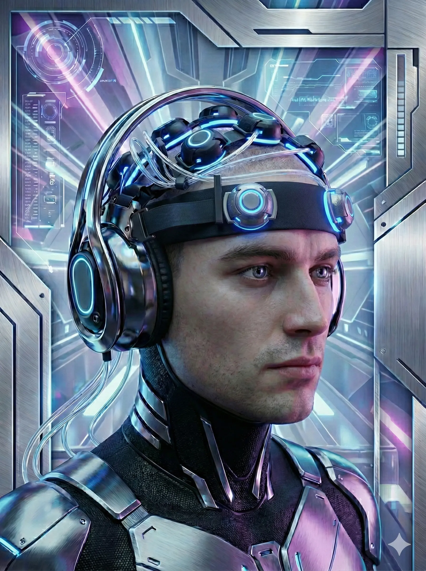 Casque EEG pour neurofeedback  (style futuriste généré par IA à partir d'un de nos casques)
